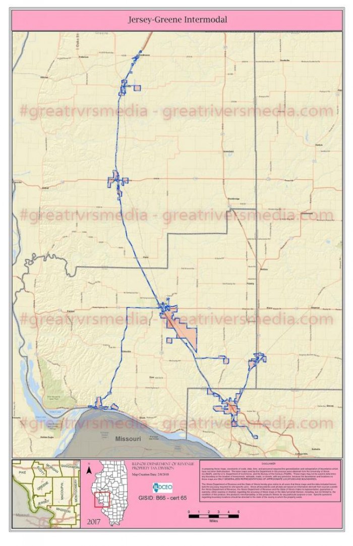 The current map of the Jersey-Greene Intermodal Enterprise Zone. The bulk of the area is contained in Jersey and Madison County but was extended to include to obtain the poverty and job stats to rank higher in the selection process.